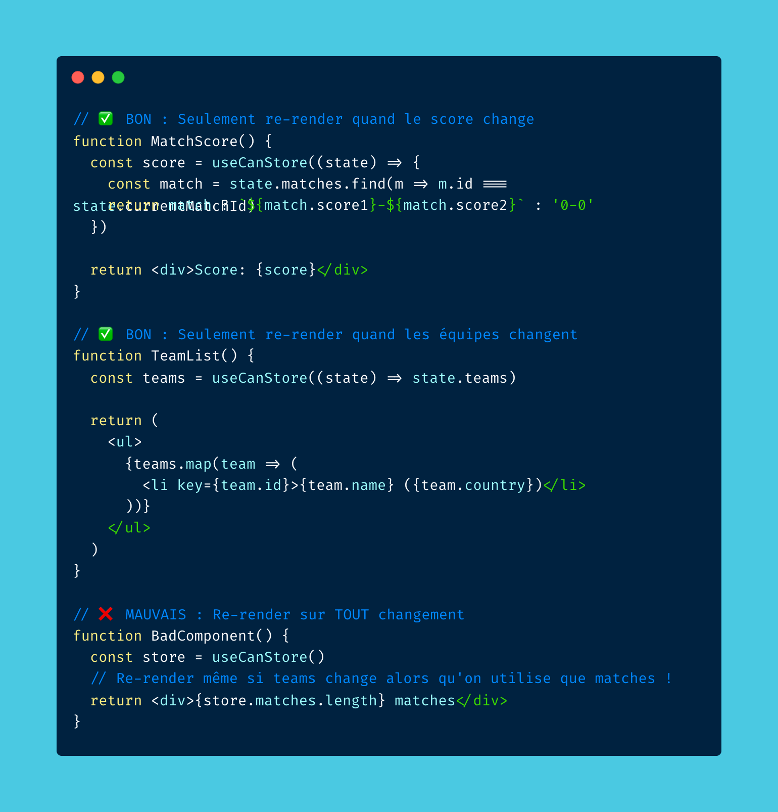 Exemples d'utilisation avec selectors (BON vs MAUVAIS)