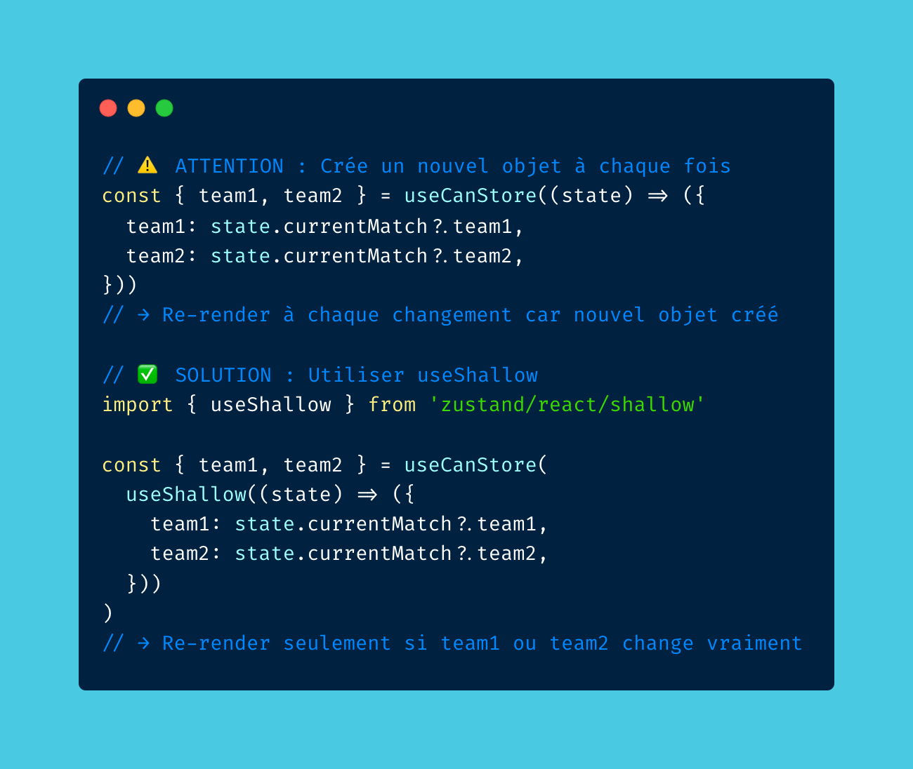 Exemple avec useShallow pour éviter les re-renders